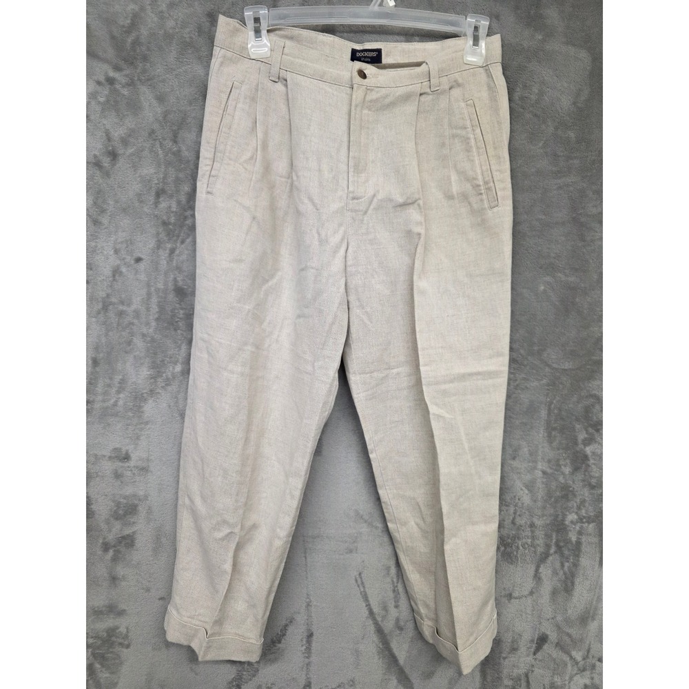 Dockers Mens Pleated Linen Relaxed Fit Wrinkle Free Khaki Pants Beige 30x26.5